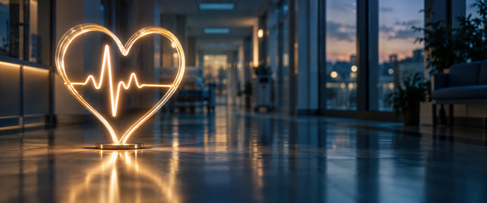 An illuminated heart and heartbeat line in a hospital corridor